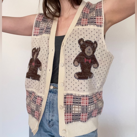 90’s vintage teddy bear knit sweater vest/ large - Picture 1 of 13